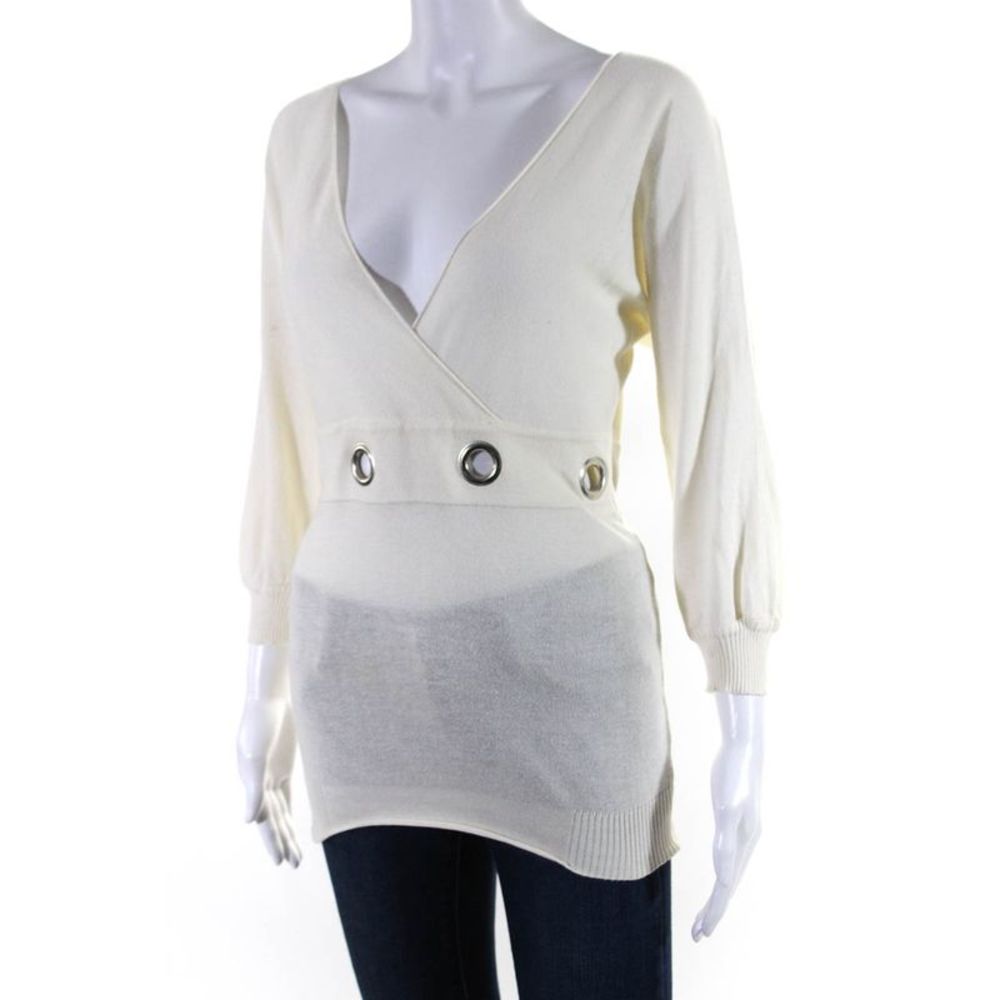 Chloe Womens Rivet Waist Surplice Dolman Sleeve Sweater Ivory Size Extra Small - Picture 2 of 5